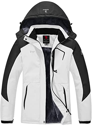 donhobo Womens Waterproof Jacket Winter Warm Fleece with Hood Windproof Camping Hiking Coat(White Black,M)