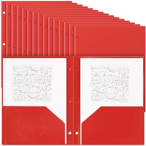 Yeaqee 50 Pcs Plastic Folders with Pockets Bulk 3 Hole Punched 2 Pocket File Folders for 3 Ring Binder Divider Folder for Notebooks, Durable Poly for Office Home (Red)