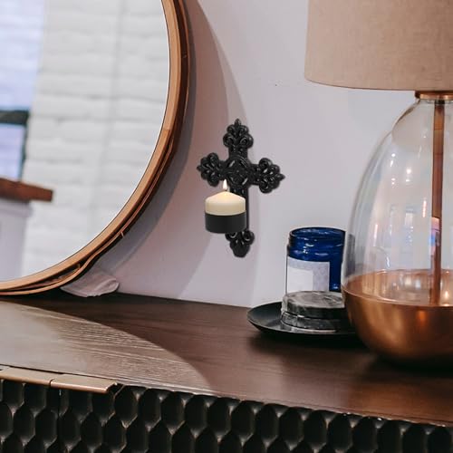 Candelabro de pared resistente en hierro negro con soporte estable para velas de pilar 6