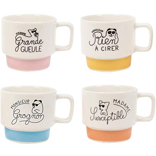 Le Fabuleux Shaman 39-2X-007 Tasses à café empilables Monsieur Madame Grognon Susceptible Rien à cirer Grande gueule Set de 4 assorties Blanc et multicolore Céramique D10,5 x H22,5 cm Cover