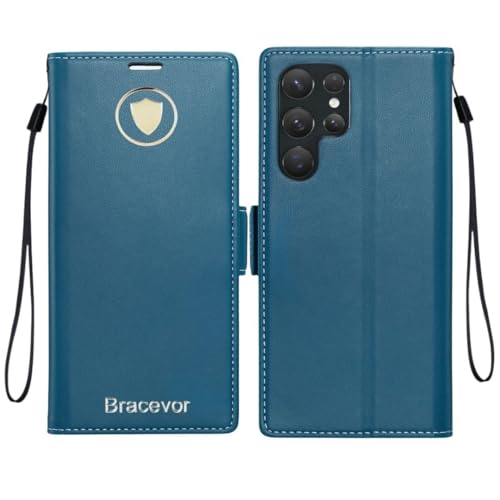 Image of Bracevor Deluxe Leather Flip Cover case for Samsung Galaxy S25 Ultra : Blue | Full Camera Cover | RFID Blocking Wallet Pockets | 360 Degree Protection