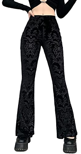 FEOYA Damen Gothic Schwarze Hose Hohe Taille Samt Schlaghose Slim Fit Weites Bein Schlaghose Lange Hose A1 S