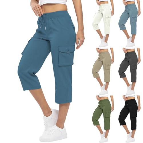 Womens Cargo Capris Casual Elastic Waist Travel Hiking Pants Lightweight Summer Wide Leg Cropped Pants with Pockets