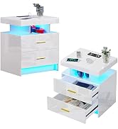 High Gloss Nightstand with USB/Wireless Charging, LED White Side Table with Storage Drawers