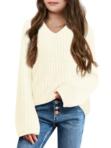 Imily Bela Girls Bell Sleeve V Neck Knit Sweaters Kids Fashion Crop Pullover Sweater Tops