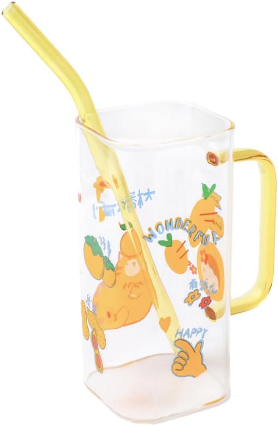 Cute Cartoon Square Glass Tumbler, Drinking Jar, Coffee Mug with Colorful Straw-Cat-A-12 OZ