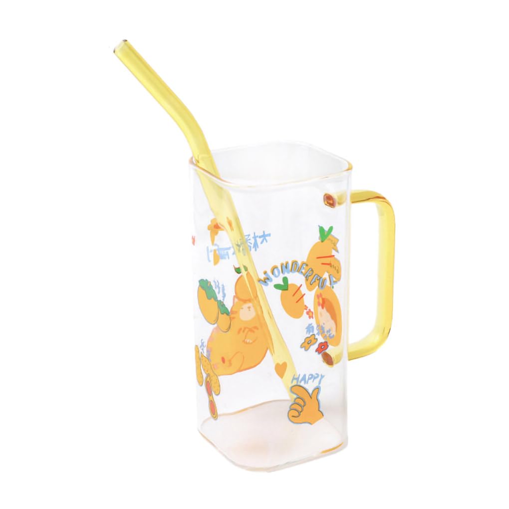 Cute Cartoon Square Glass Tumbler, Drinking Jar, Coffee Mug with Colorful Straw-Cat-A-12 OZ