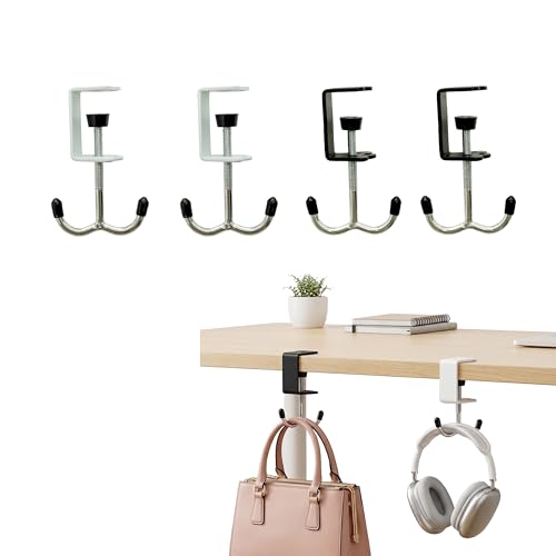 AZSRKRBM 4 Pack Adjustable Under Desk Hooks (2 Black & 2 White) Universal Bag Hanger Fits Most Table Thickness 100LB Capacity Heavy-Duty Dual Hook for Purse Backpack Office Home