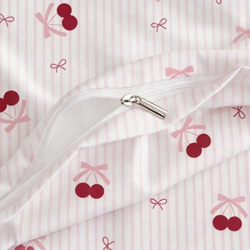 Image of Nayoroom Pink Striped Bow Duvet Cover Queen Size Red Cherry Duvet Cover 3 Pieces Soft Lightweight Microfiber Girls Cute Aesthetic Dorm Bedding Set with Zipper Closure