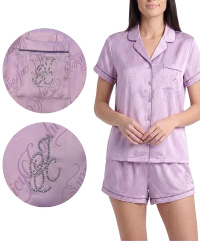 Image of Juicy Couture Women's 2 Piece Satin Notch Collar Button Down Shirt and Pajama Shorts Lounge and Sleepwear Set