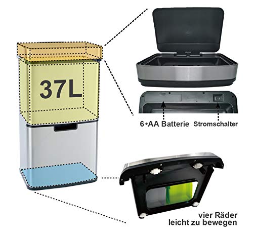 Vertak Edelstahl Mülltrennsysteme, Abfalleimer Sensor, mülleimer trennsystem, Mülltrennsysteme mit Sensor, Mülltrennsysteme mit 3 Fächern, Mülleimer küche - 3 Fach Mülleimer 62 Liter,Edelstahl Sensor - Image 5
