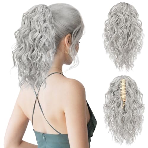 Flufymooz Ponytail Extension, 12" Short Claw Ponytail Extension Wavy Curly Jaw Clip in Pony tails Hair Extension Natural Synthetic Hairpiece for Women (Grey/Silver/White Mixed)