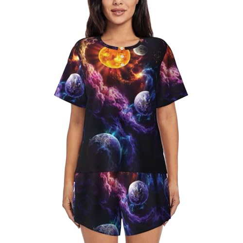 Pyjama short femme confortable à poches fini les nuits chaudes avec ce style planète