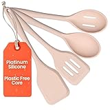 Non-Toxic Platinum Silicone Kitchen Utensil Set of 4 – Non-Scratch Cooking Spoon & Spatula, 100% Plastic Free, Stainless Steel Core, Heat Resistant 500°F, Beige