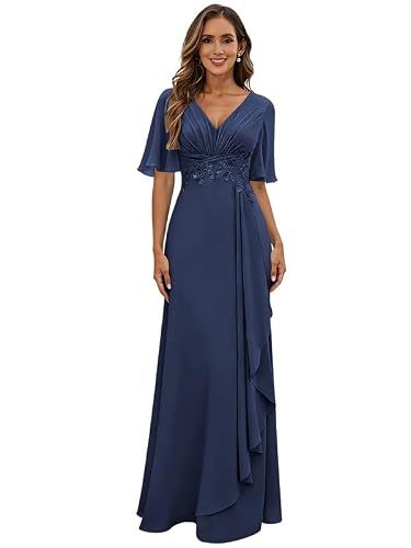 MQOBG Short Sleeve Mother of the Bride Dresses Long Chiffon Navy Blue Empire Waist Wedding Guest Dress for Women Size 8