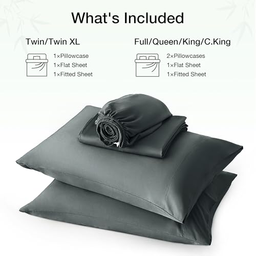 Image of Love's cabin 4 Piece Queen Sheet Set, 100% Rayon Derived from Bamboo, Cooling & Breathable, Soft Silky Deep Pocket up to 16 inch, Hotel Luxury Bedding for Hot Sleepers, Dark Grey