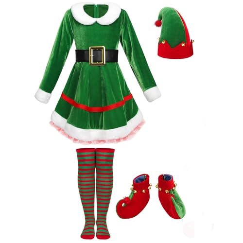 Disfraz de Lutin de Navidad para niños, traje para carnaval, fiesta, niña, conjunto completo con gorro vestido de duende de Navidad, disfraz de elfo de Navidad, bebe ropa con falda, sombrero