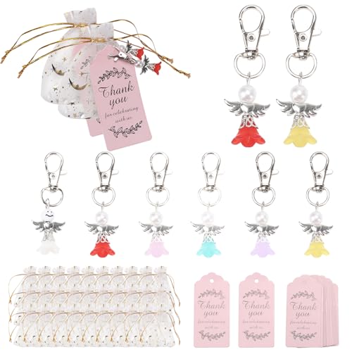 NAHUAA 30 Piezas Llavero Angel de la Guarda Comunion Regalos Angelito de la Guarda Regalos Invitados Boda Llaveros con Etiquetas Boda y Bolsas de Organza para Navidad Fiesta Comunión Confirmación