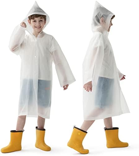Opret 2 Pack White Raincoats for Kids, Reusable Rain Ponchos with Hood and Sleeves Children Waterproof Rain Coats for Boys and Girls