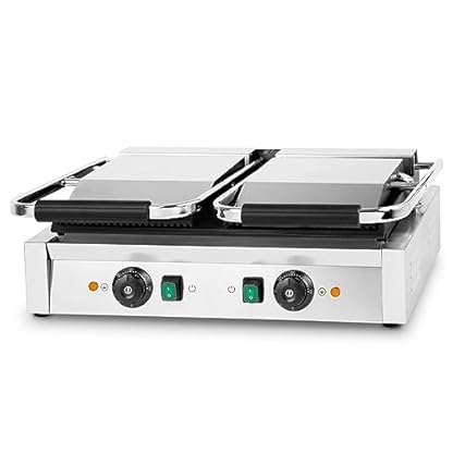 VERTES Kontaktgrill doppelt, Gusseisen Grillplatte oben gerillt/unten flach, 3600 W Gastro Multigrill für Fladenbrot, Fleisch, Gemüse, Sandwich, Edelstahlgehäuse, regelbar 0-300°C, teflonbeschichtet – Bild 3
