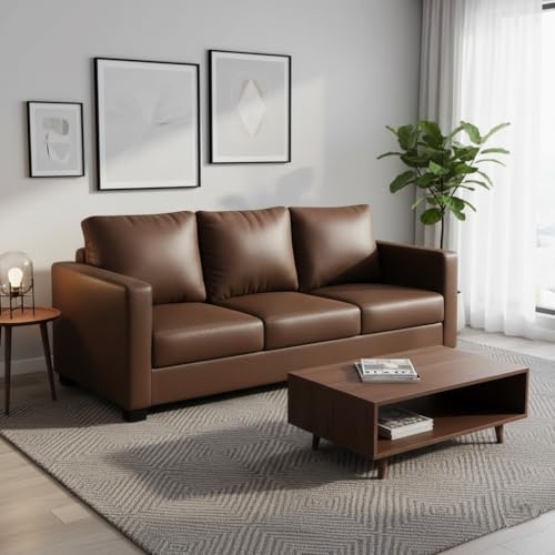 Image of FURNY Haster 3 Seater Leatherette Sofa (Brown) Premium Finish | Durable & Comfortable | Ideal for Living Room