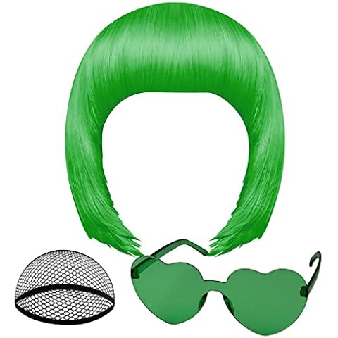 PLULON Dark Green Bob Wig and Sunglass Set, Neon Short Bob Wig Sunglass Pack Costume Colorful Cosplay Wig Hairpieces for Bachelorette Neon Party Favors, Halloween Decorations Cover
