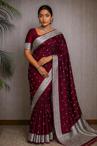Image of Women's Glory Kanjivaram Banarasi Silk Saree with Polka Dot Embroidery Blend Woven Zari with Jacquard Woven Unstitched Blouse Piece.