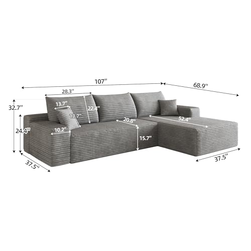 Image of 107 inch Cloud Sectional Sofa Boneless Couches with Chase
