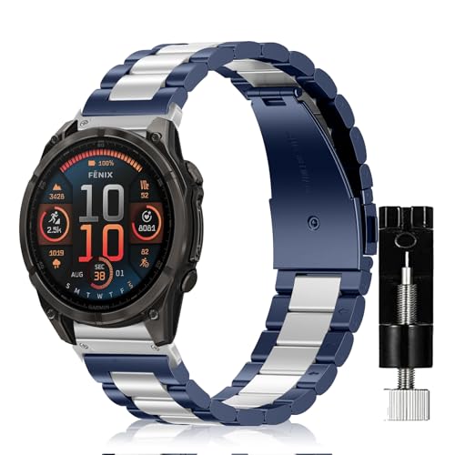 SeNool QuickFit 22mm Correa para Garmin Fenix E 47mm/Fenix 8 47mm/Fenix 7 Pro/Fenix 7, Metal Inoxidable Muñequeras para Garmin Marq Golfer(Gen 2)/Descent G1 Solar/Fenix 6 GPS/Fenix6 Pro GPS-Azul/Plata