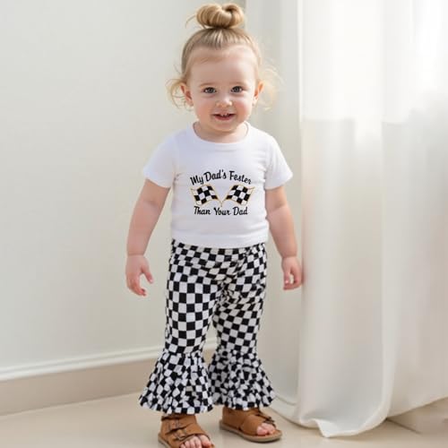 Toddler Baby Girl Summer Outfit Race Car Letter Print Short Sleeve T-Shirt Checkered Bell Bottom Pants 2Pcs Set2