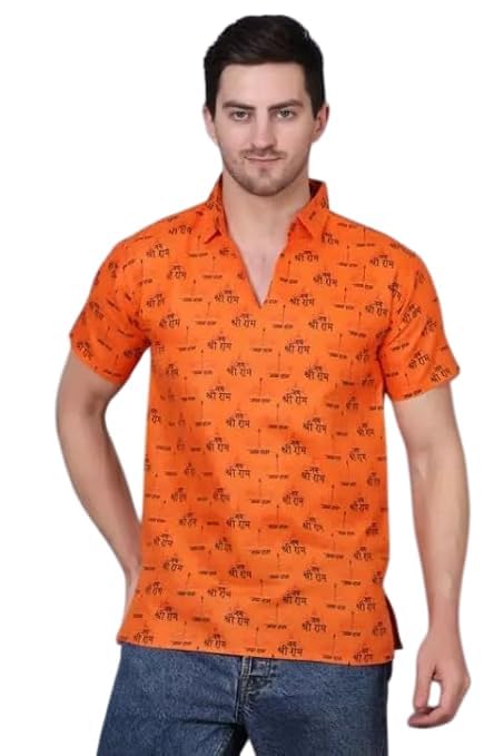 Cotton Blend Ram Printed Kurta for Men | Regular Fit Half Sleeve Kurta for Boys-picture-17