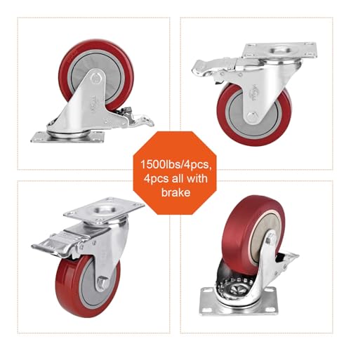 Image of Caster Wheels 3 Inch Casters Set of 4 Heavy Duty Load Bearing 1000 Lbs Locking Swivel Plate Casters with Brake Industrial No Noise Polyurethane Wheels Anti-wear Smooth Casters