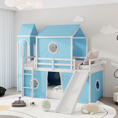 HiHomely Pink Blue Twin Size Loft Bed with Slide, Tent Tower – Fun Space Saving Kids Bedroom (Old SKU: Wf532001aac)
