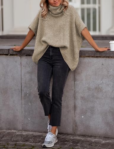 Image of Ynhonra Womens Turtleneck Sweater Oversized Chunky Batwing Sleeve Short Tops | Dolman Pullover