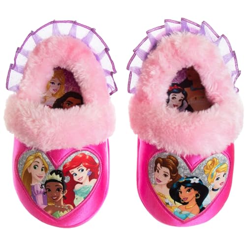 Disney Princess Slippers Rapunzel Tianna Ariel Belle Jasmine Cinderella - Plush Lightweight Warm Comfort Soft Aline Girls toddler House Slipper - Pink Purple (size 5-6 Toddler)