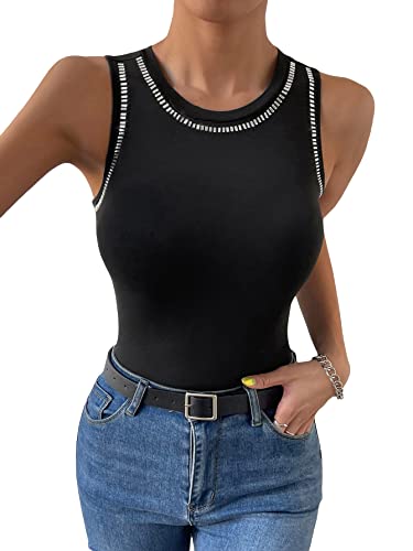 WDIRARA Women's Rhinestone Tank Top Sleeveless Summer Top Round Neck Tank Top