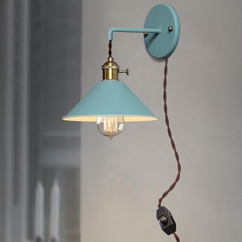Lámpara de pared con rotación e interruptor integrado aplique azul de metal E27 para el dormitorio