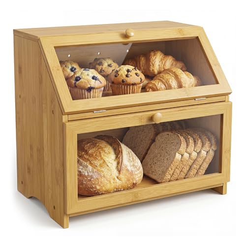 Consejos para Comprar Paneras comprados en linea. 42 Panera de Doble Capa con Doble Puerta, Panera para Pan para Encimera de Cocina, Caja de Pan con Ventana Transparente de Visualización, Panera de Metal, Organizador de Cocina,...
