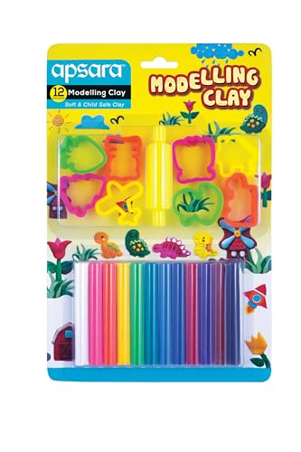 Image of Apsara Non-Toxic Super Soft 12 Shades Modelling Clay Multicolour Pack | Soft, Non-Drying, Hygienic & Non-Sticky | Includes 8 Toys & 1 Roller | Pack of 1