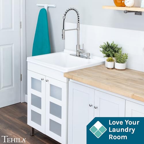 Image of White Utility Sink in White Vanity, Stainless Steel Pull-Down Coil Faucet, Soap Dispenser and Spacious Cabinet by JS Jackson Supplies for Garage, Basement, Shop and Laundry Room