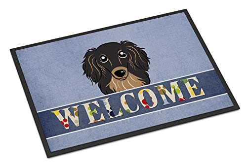 Caroline's Treasures BB1399JMAT Longhair Black and Tan Dachshund Welcome Doormat 24x36, Blue Front Door Mat Indoor Outdoor Rugs for Entryway, Non Slip Washable Low Pile, 24H X 36W