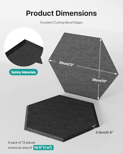 Image of Soundsbay Hexagon Acoustic Panels, Self-Adhesive 18 Pack Sound Panels | 150kg /m High-Density Polyester, Covers 15 sq ft Soundproof Wall Panels for Walls, Office, Ceiling 12 inch X 10 inch Black