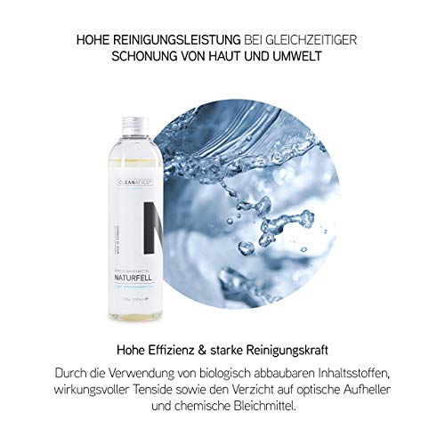 CLEANATICS Lammfell Waschmittel Konzentrat mit rückfettendem Lanolin für Naturfell, Schaffell & Baby-Produkte wie Lammfelldecke, Schaffellteppich, Schaffellmantel & Kinderwagen-Fußsack (250 g)