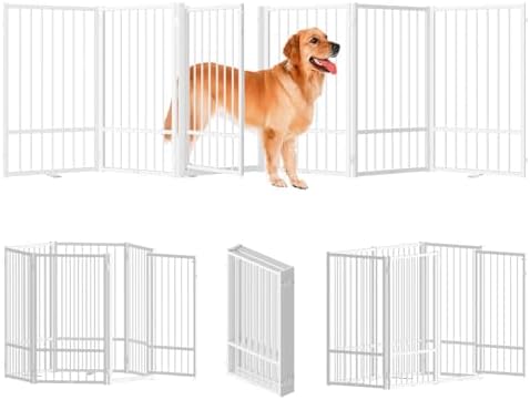 Full Metal Freestanding Dog Gate with Door, 36'';Height Foldable Pet Dog Fence for Indoor &amp; Outdoor, 6 Panels Extra Wide Free Standing TallDog Gates for Doorways,House,Stairs,Porch,Deck,Yard