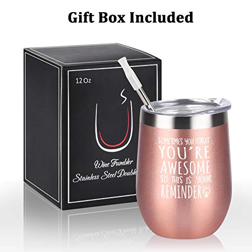 Cpskup Thank You Gifts, Sometimes You Forget You're Awesome Wine Tumbler, Appreciation Gift For Women Friend Mom Wife Coworker, Stemless Insulated Stainless Steel Tumbler With Lid(12 Oz, Rose Gold) #TOP6