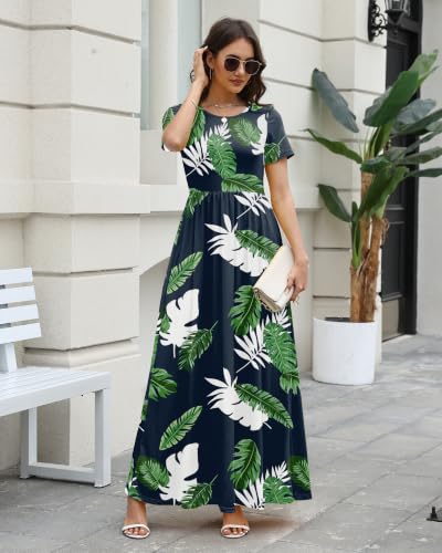 Image of COSSEN Women's Crew Neck Short Sleeve Maxi Dress with Pockets Casual Loose Swing for Wedding Guest Beach Vacation