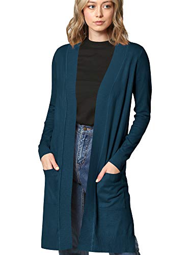 Image of Long Knit Cardigan with Pocket: Open Front, Long Sleeve, Solid Teal by Made By Johnny