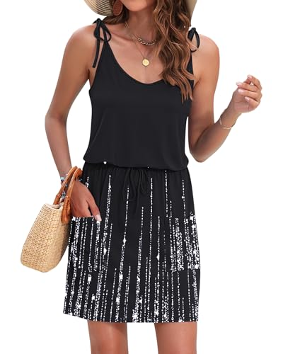Image of AUSELILY Womens Summer Dresses Sleeveless Spaghetti Strap Beach Cover up Drawstring Waist Mini Short Dress with Pockets