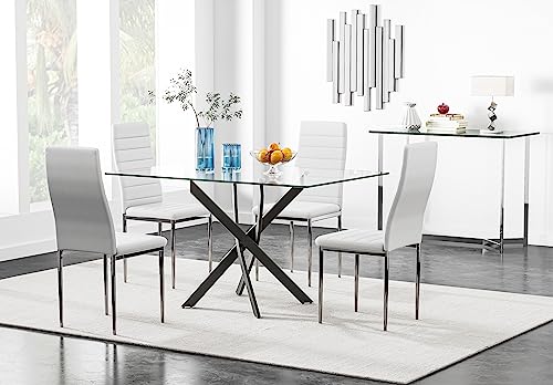 Image of 5 Piece Dining Table Table Set, Tempered Glass Dining Table Set for 4 Kitchen Table Set with 4 Upholstered High-Back Chairs for Kitchen Dining Room (Black Table with White Chair)