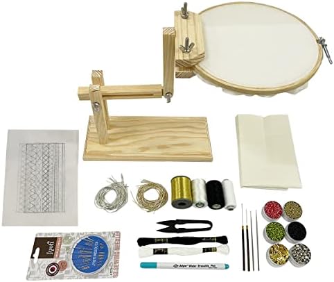 EmbroideryMaterial Aari Zardosi Tambour & Luneville Hand Embroidery Kit with Hoop Stand | 17 Types of Supplies | Beginner Practice Kit with Design Papers, Threads, Needles, Zari, Beads & More